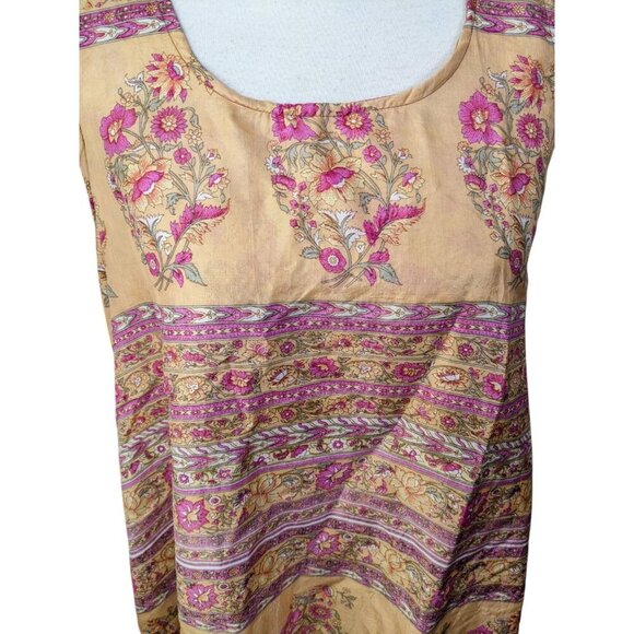 Guru Silk Dress Women L Peach Mixed Print Boho Asymmetrical Hem Festival Y2K - Picture 2 of 8